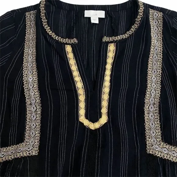 J Jill Peasant Blouse XS Black White Stripe Lace - Picture 5 of 14